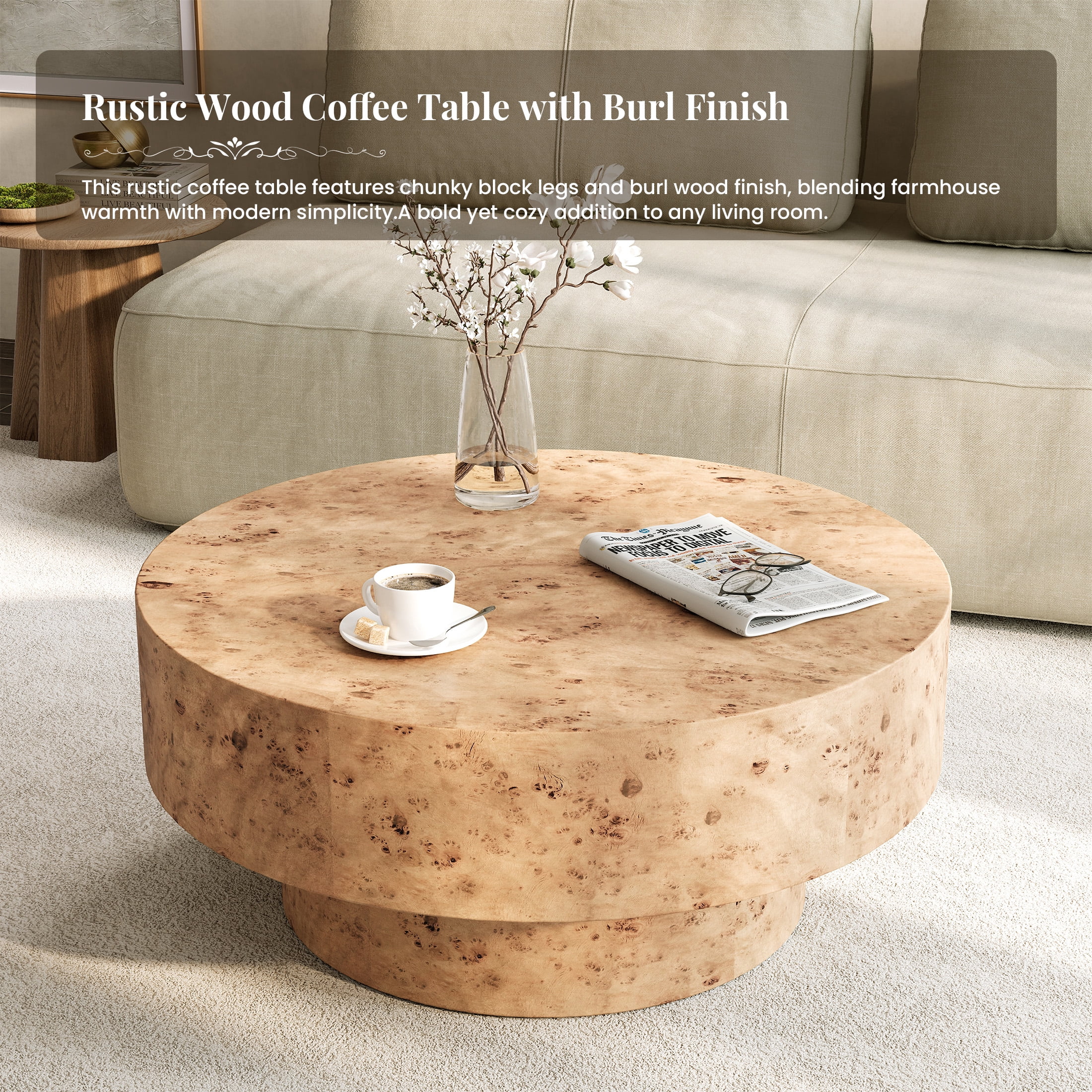 Gelloan 31.5" Round Coffee Table, Modern Drum Burl Coffee Tables for Living Room 31.5" Mid Century Wooden Pedestal Circle Accent Small Center Apartment Easy Assembly,Burl