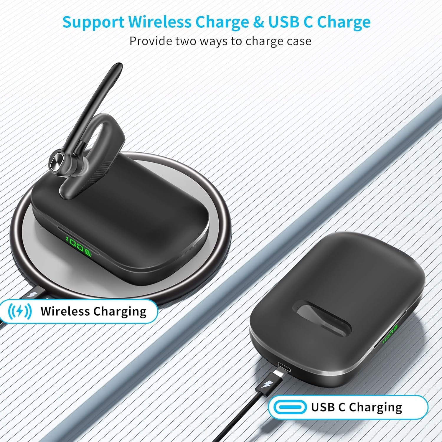 Bluetooth Single Ear Headset, 180H Playtime, 1000mAh Wireless Charging Case, LED Display, Handsfree Mic for Phone PC, Trucker & Daily Use