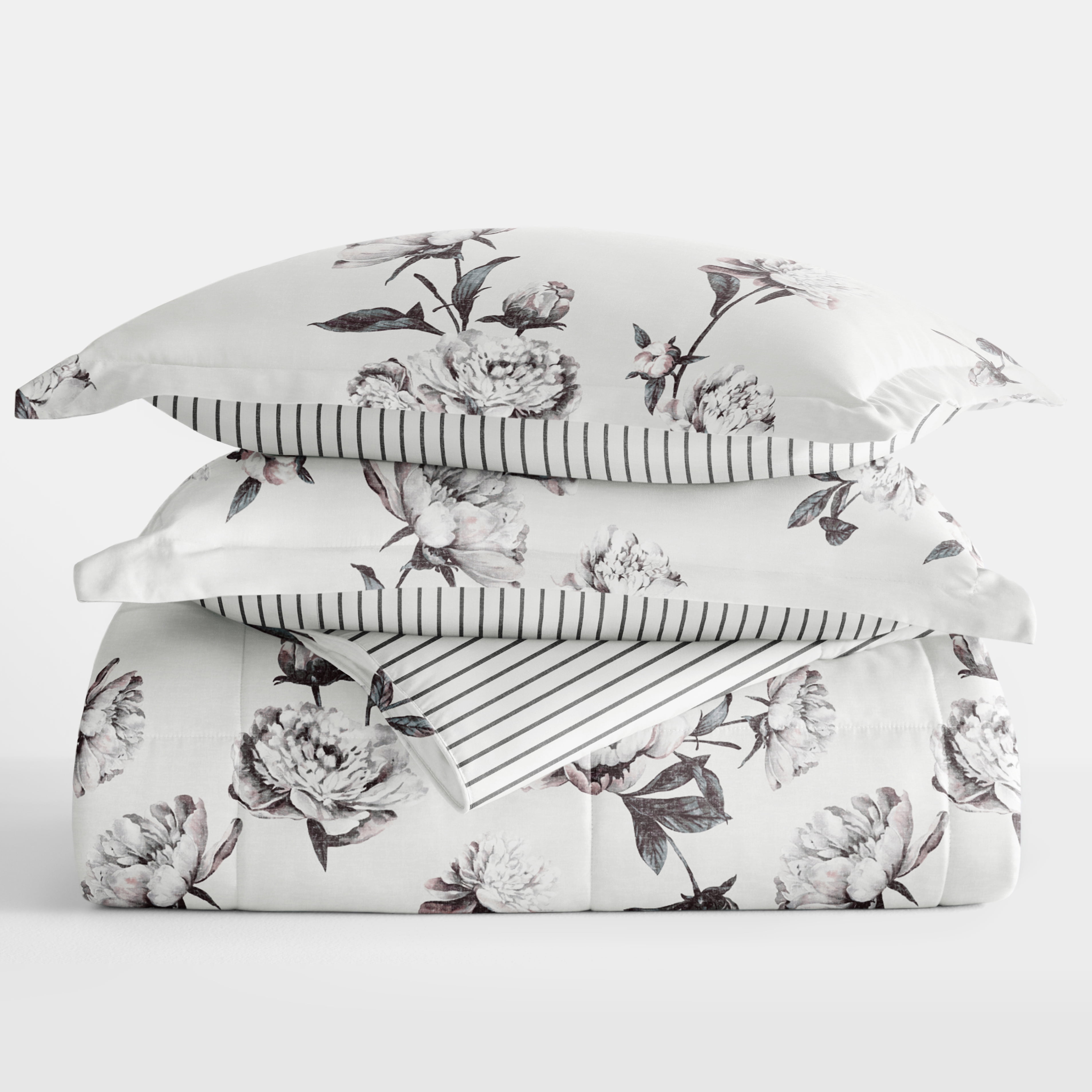 Noble Linens Down Alternative Vintage Magnolia Stripe Gray Reversible Comforter Set