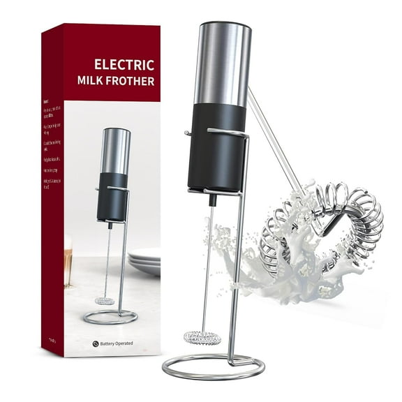 LUDOLM Handheld Electric Milk Frother for Coffee with Stand | Stainless Steel & Battery Operated Foam Maker & Whisk Drink Mixer for Lattes, Cappuccino, Matcha, Frappe, and Chocolate Milk