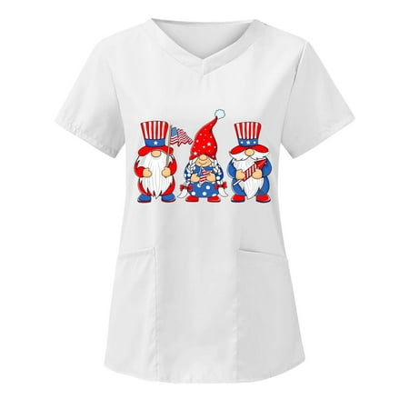 

4th Of July American Flag Tops Scrubs For Women Tops White Print Daily Summer Shirts O Neck Tank Print Blouse Short Sleeve Loose Caring Workwear Blouse With Pocket Nurse Uniforms Women