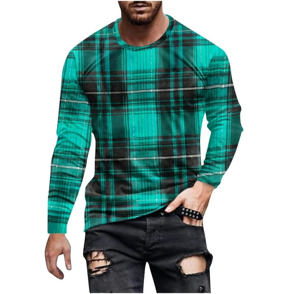 Zylanna Men's T-Shirts Tee, Stretchy Plaid Crew Neck Long Sleeve Casual Tops for Man Mint Green