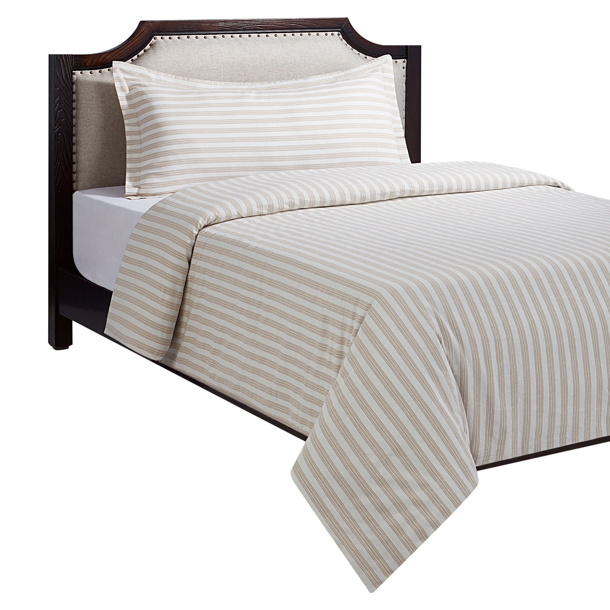 HOMETRENDS 3-Piece Taupe Stripe Duvet Cover Set, Double/Queen, 100% Cotton