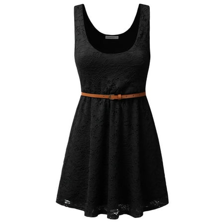 Doublju Women's Sleeveless Lace Short Party Mini Dress with Skinny Belt With Plus Size BLACK