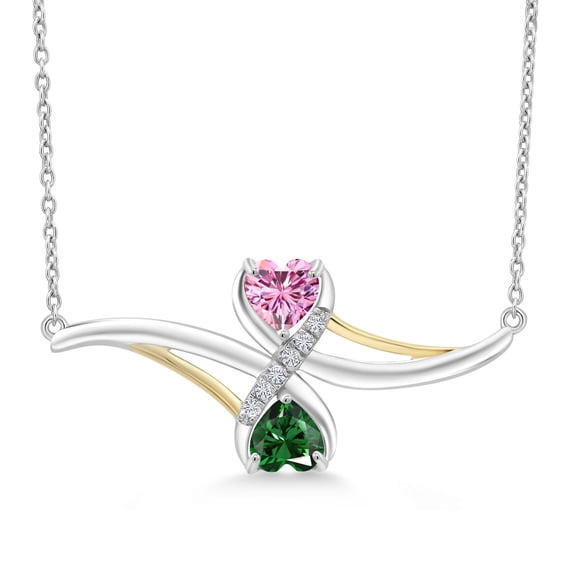 Gem Stone King 925 Silver and 10K Yellow Gold Pink Moissanite and Green Nano Emerald and White Moissanite Pendant Necklace for Women (1.06 Cttw, with 18 inch Silver Chain)