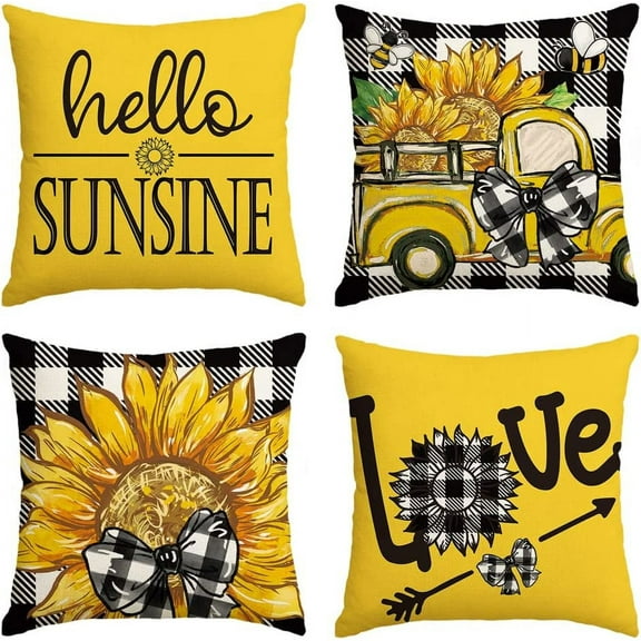 Summer Hello Sunshine Sunflower Truck Buffalo Plaid Throw Pillow Covers, 18 x 18 Inch Live Summer Cushion Case for Sofa Couch Set of 4