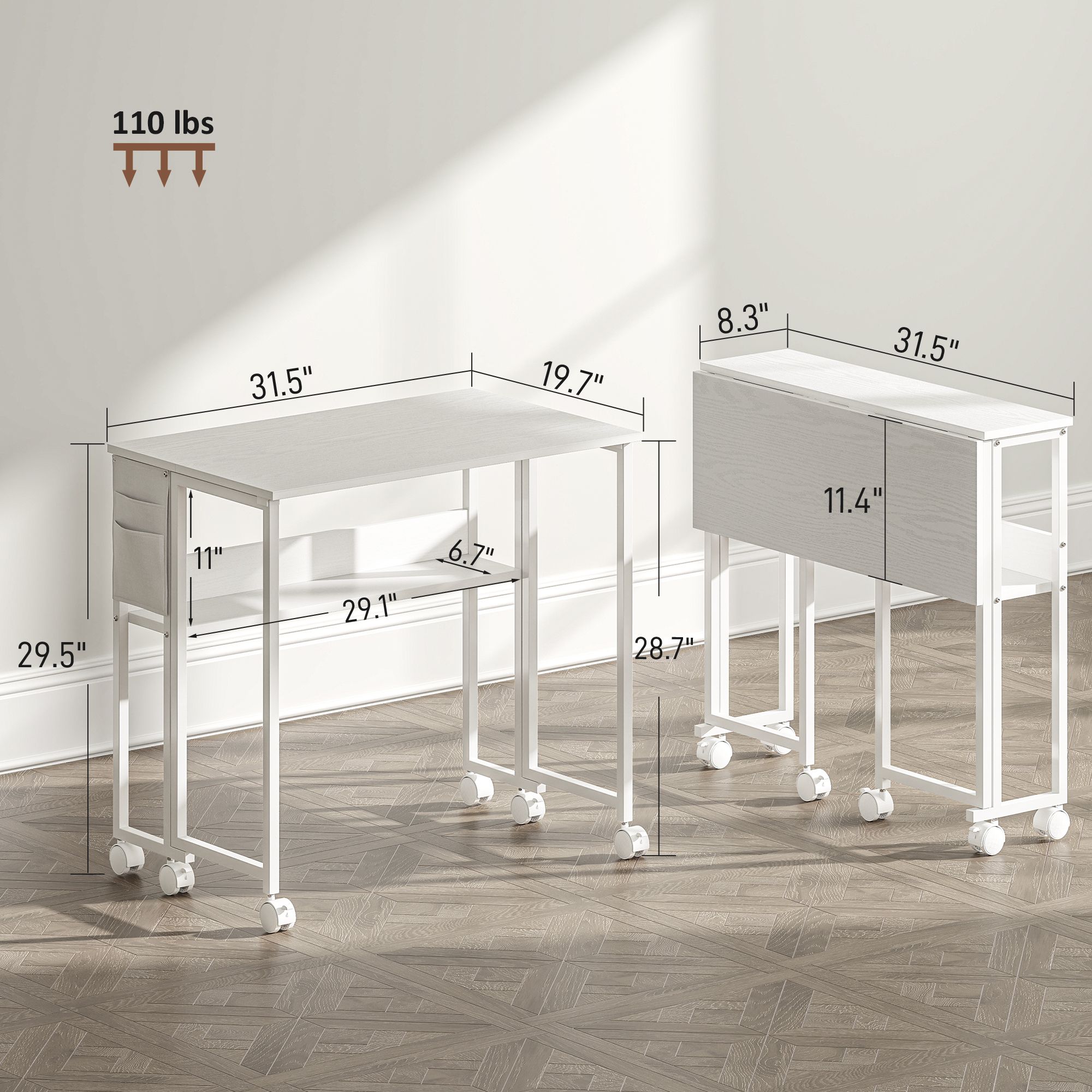 Drop Leaf Rolling Computer Desk, Foldable Depth 19.7" to 8.3" Mobile Writing Table with Open Shelf & Side Storage Bag, 6 Swivel Casters 110lbs Capacity for Small Spaces