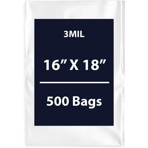 Clear Flat Poly Bags, 3Mil 16" X 18" & 500 Bags | Low-Density Polyethylene (LDPE), Flat Open Top Plastic Packaging Packing | Flexible and Durable Plastic Bags
