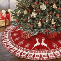OurWarm Christmas Tree Skirt, 48 Inch Red Knitted Christmas Tree Skirt with Snowflake & Reindeer, Rustic Double-Sided Xmas Tree Skirt Christmas Decorations for Holiday Party Decor Indoor Outdoor