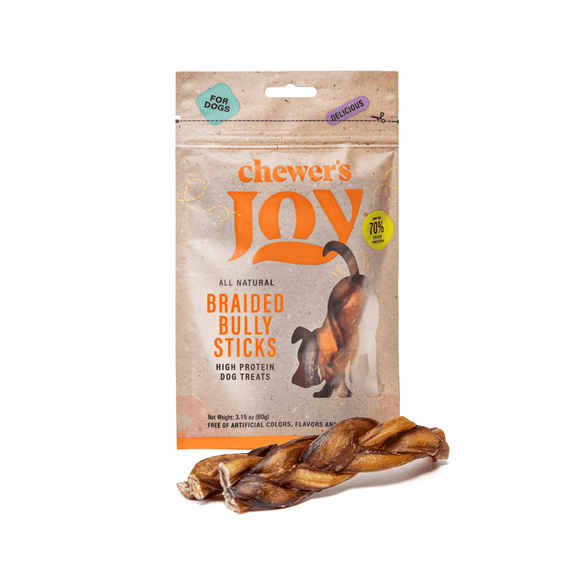 Chewer's Joy Braided Bully Sticks 5–6" (3CT) – Natural Dog Treats – Long-Lasting Chews, High Protein, Pure Beef
