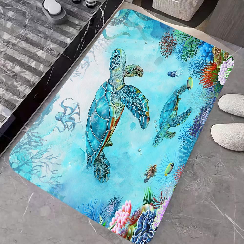 Sea Turtle Bathroom Rugs, Blue Ocean Underwater Turtle Octopus Fish Coral Beach Bath Mat, Marine Life Aquatic Plant Coastal Nautical Outdoor Rug, Soft Non Slip Floor Rugs for Living Room, 17x29