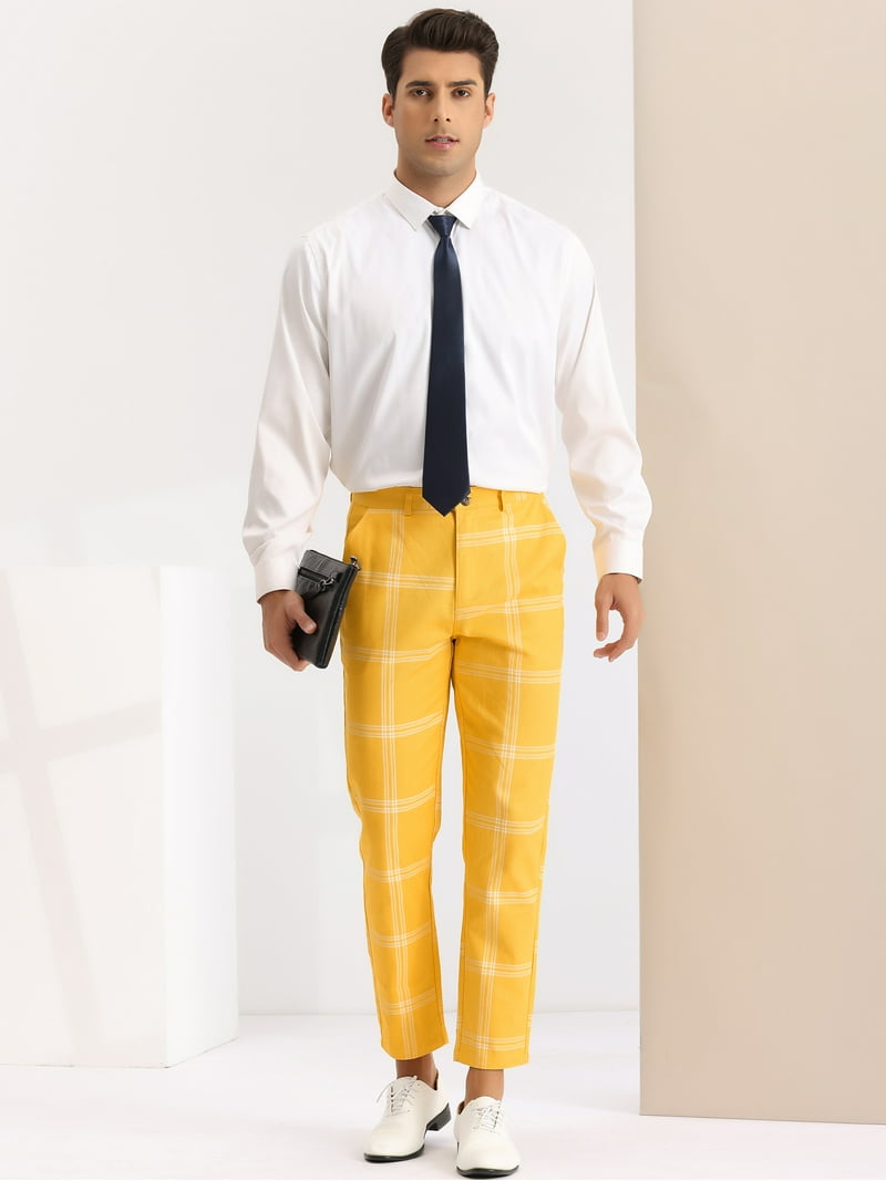 Unique Bargains Men's Business Plaid Pants Casual Slim Fit Flat