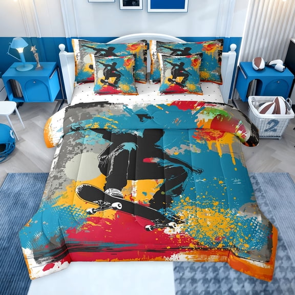 jejeloiu Skateboard Game 7-Piece Twin Bedding Sets,Watercolor Splashing Ink Bedding Comforter Set For Boys Kids Reversible