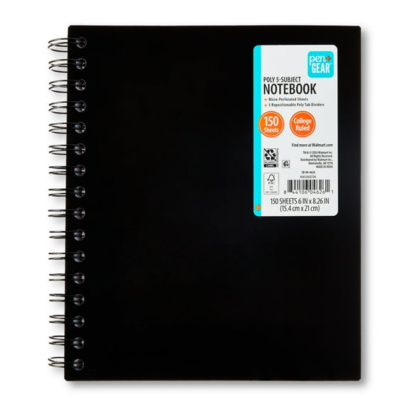 Pen+Gear College Ruled 5-Subject Poly Notebook, 6" x 8.26", Black, 150 Sheets