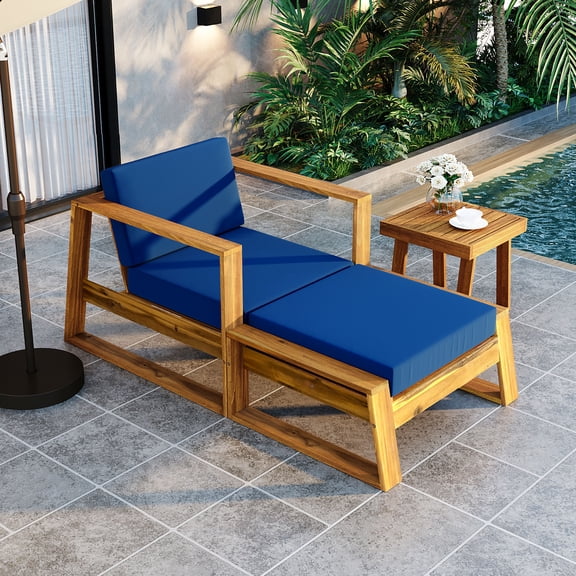 Euroco Acacia Wood Outdoor Lounge Set - Chair and Ottoman with Removable Cushions, All-Weather Outdoor Chaise Lounge/Daybed, Perfect for Patios, Balconies, and Gardens