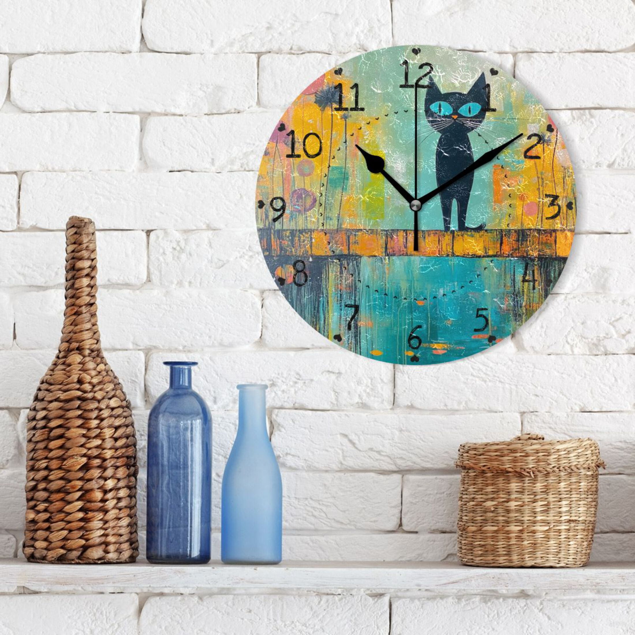 Cat in Abstract Painting Style Round Wall Clock Silent Battery Operated Home Decor for Living Room Bedroom