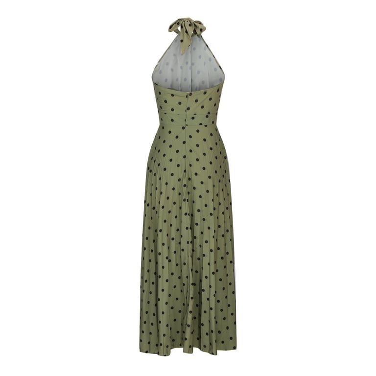 Quyuon Halter Dresses for Women Casual Backless Sleeveless Midi Dress Polka Dot Printed Back Zipper Summer Halter Neck Maxi Long Dresses Pleated A-