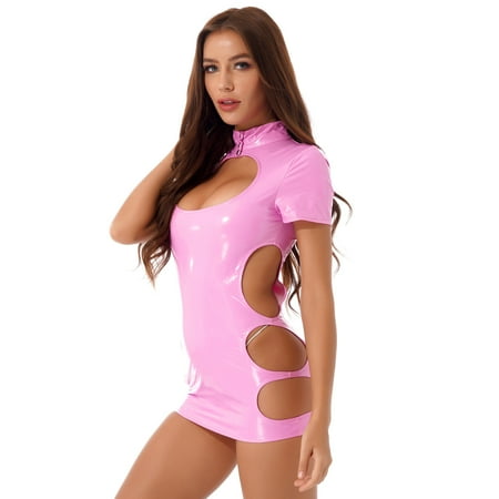 Sxiwei Women s Patent Leather Buckled Hollow Lingerie Bandage Bodycon Mini Club Short Dress Pink M