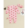 thumbnail image 5 of Suealasg Infant Baby Girls Valentines Day Jumpsuit 3M 6M 12M 18M Toddler Long Sleeve Crew Neck Heart Print Buttons Romper Newborn Spring One Piece Bodysuit Headband, 5 of 8
