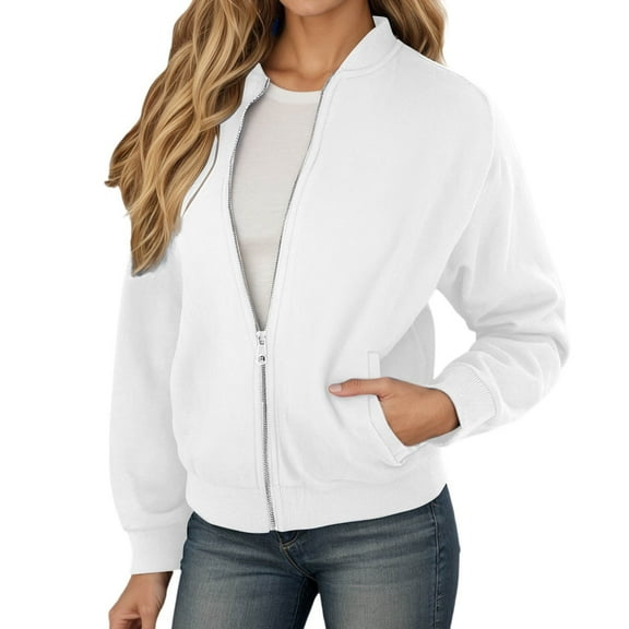 Fiaer,Oversized Jackets for Women,Womens Full Zip Long Sleeve Loose Fit Casual Trendy Solid Color Comfy Spliced Tops with Pockets White XL