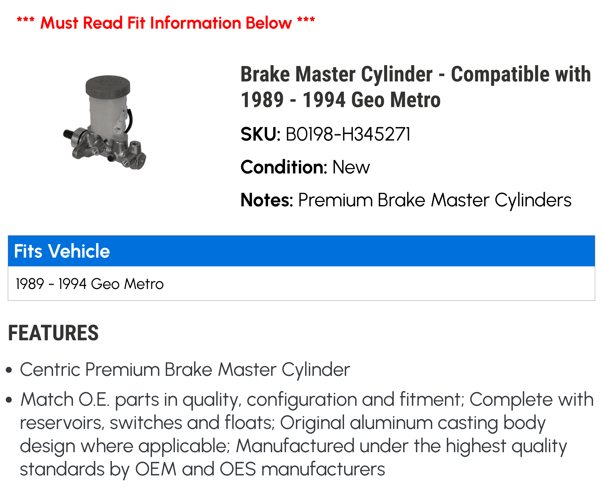 Brake Master Cylinder - Compatible with 1989 - 1994 Geo Metro - Centric