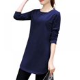 thumbnail image 4 of Women Autumn Round Collar Solid Color Slim Versatile Long Sleeve Blouse Casual Female T-Shirt Tops Navy Blue, 4 of 6