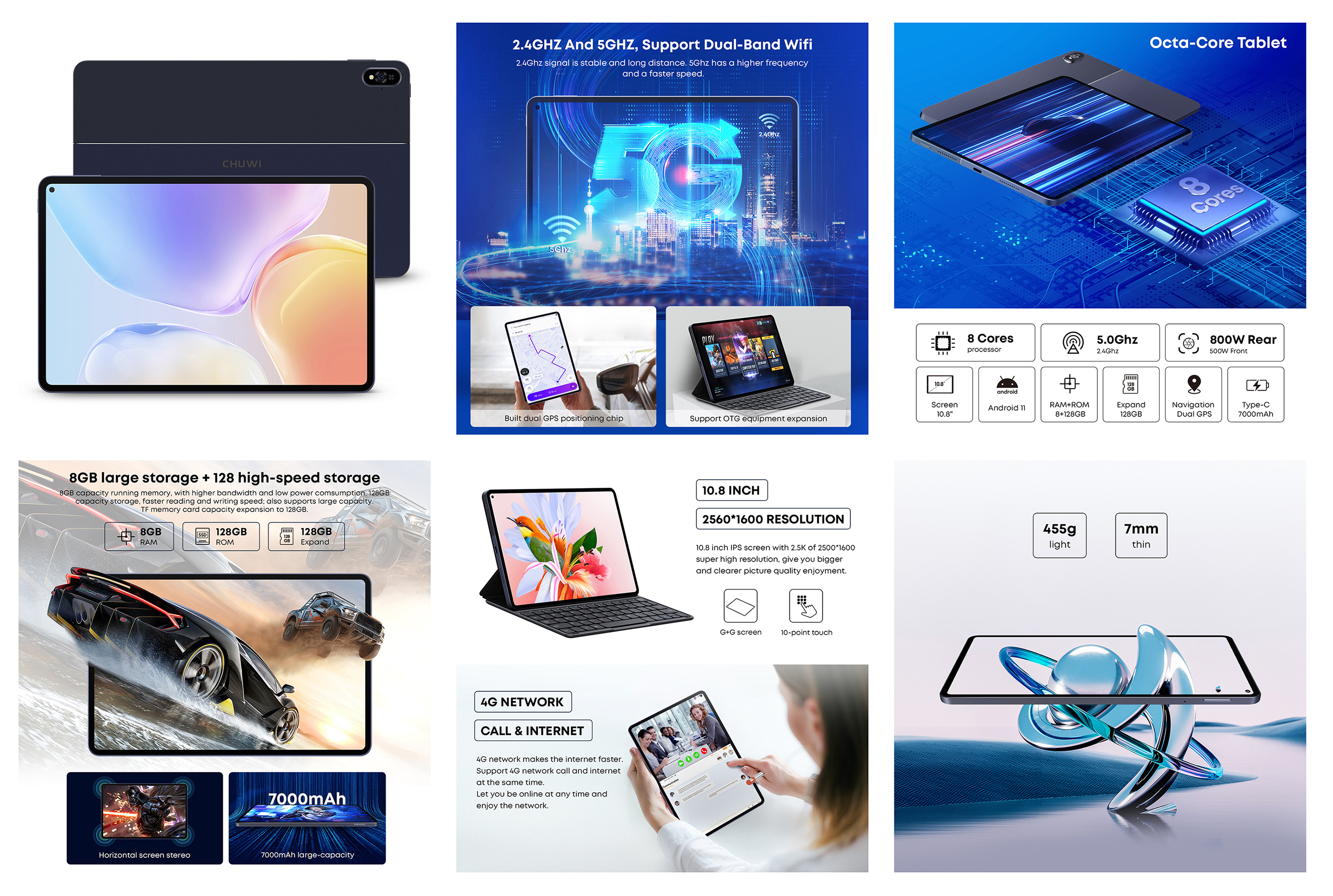 CHUWI Hipad Pro 10.8" Gaming Tablet 8GB+128GB MT8789V Octa-Core 2.0Ghz,Dual SIM/4G LTE+5G WiFi,Android 11,2 in 1 Tablet Laptop,GPS,2560x1600 IPS With Keyboard and Stylus Pen