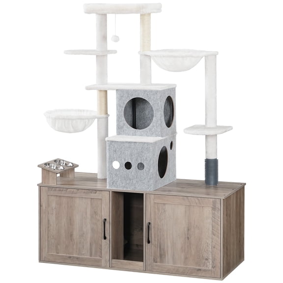 HOOBRO Cat Tree with Dual Litter Box Enclosure, Feeding Bowls, Scratching Posts & Hammocks, Greige