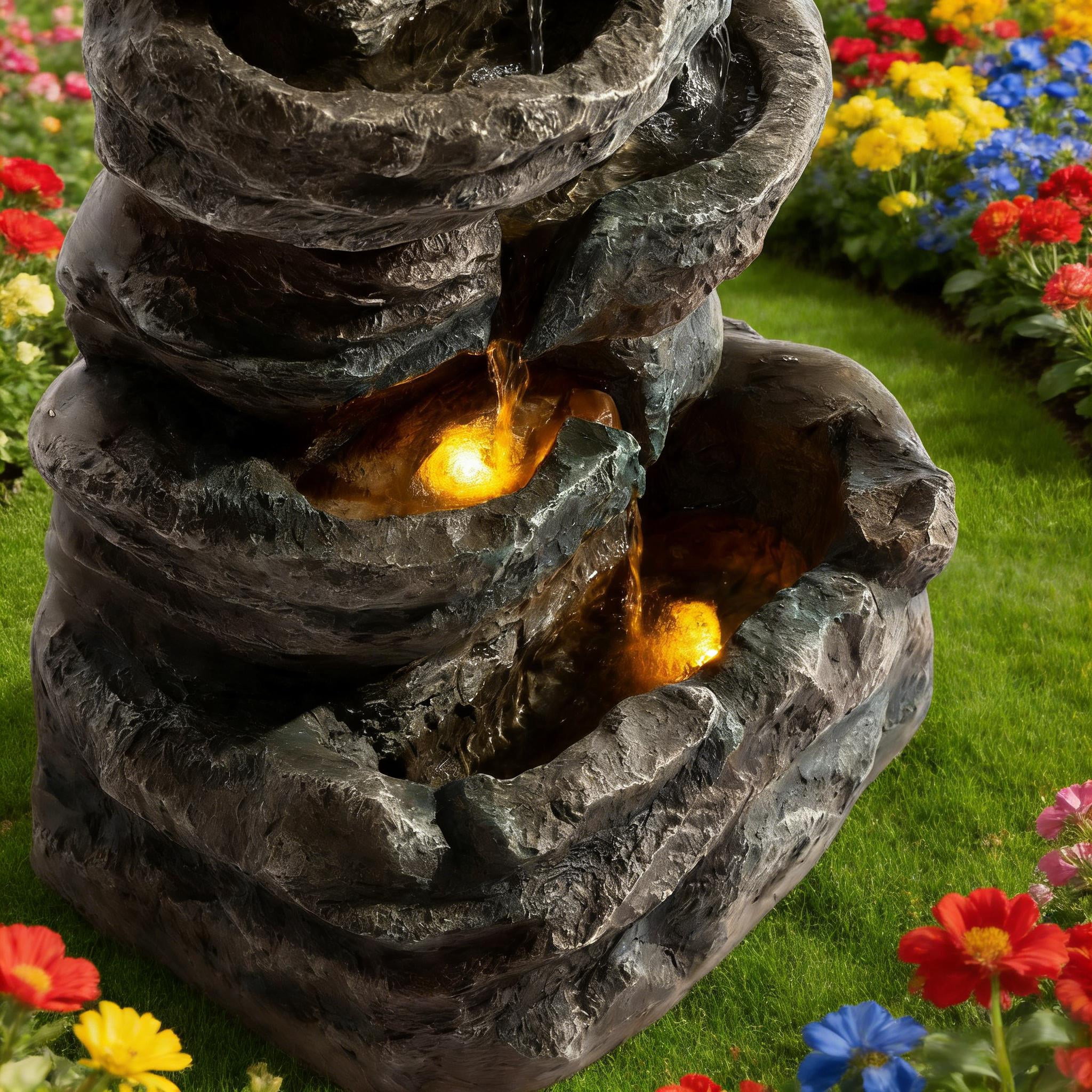 6-Tier Outdoor Cascading Stone Water Fountain with 3 LED Lights, Freestanding Led Fountain Decor for Garden, Patio, Yard & Deck, Natural Rock Appearance