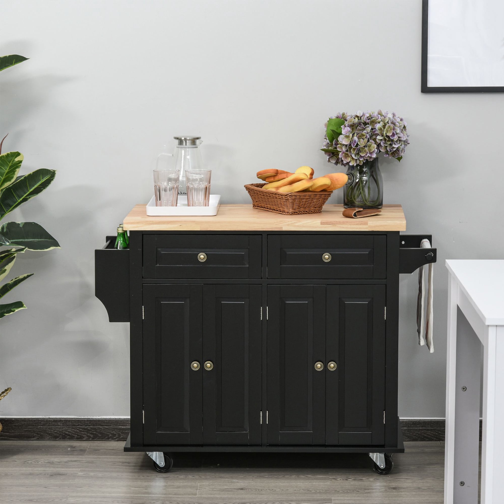 HOMCOM Kitchen Island on Wheels, Rolling Cart with Rubberwood Top, Spice Rack, Black