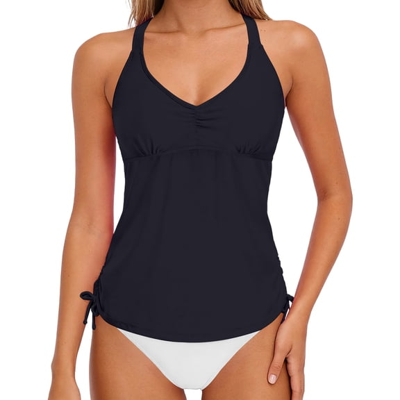 PWPSG Racerback V Neck Tankini One Piece Swimsuit with Side Drawstring High Waist Bottom Black S