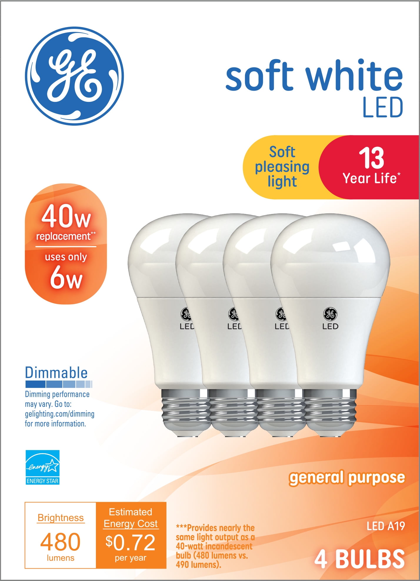 GE Household Lighting GE Soft White LED Light Bulbs, 40 Watt Eqv, A19 General Purpose, 13 year, 4pk