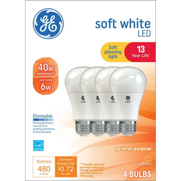 Grootste Overlappen Seminarie GE Soft White LED Light Bulbs, 40 Watt Eqv, A19 General Purpose, 13 year,  4pk - Walmart.com