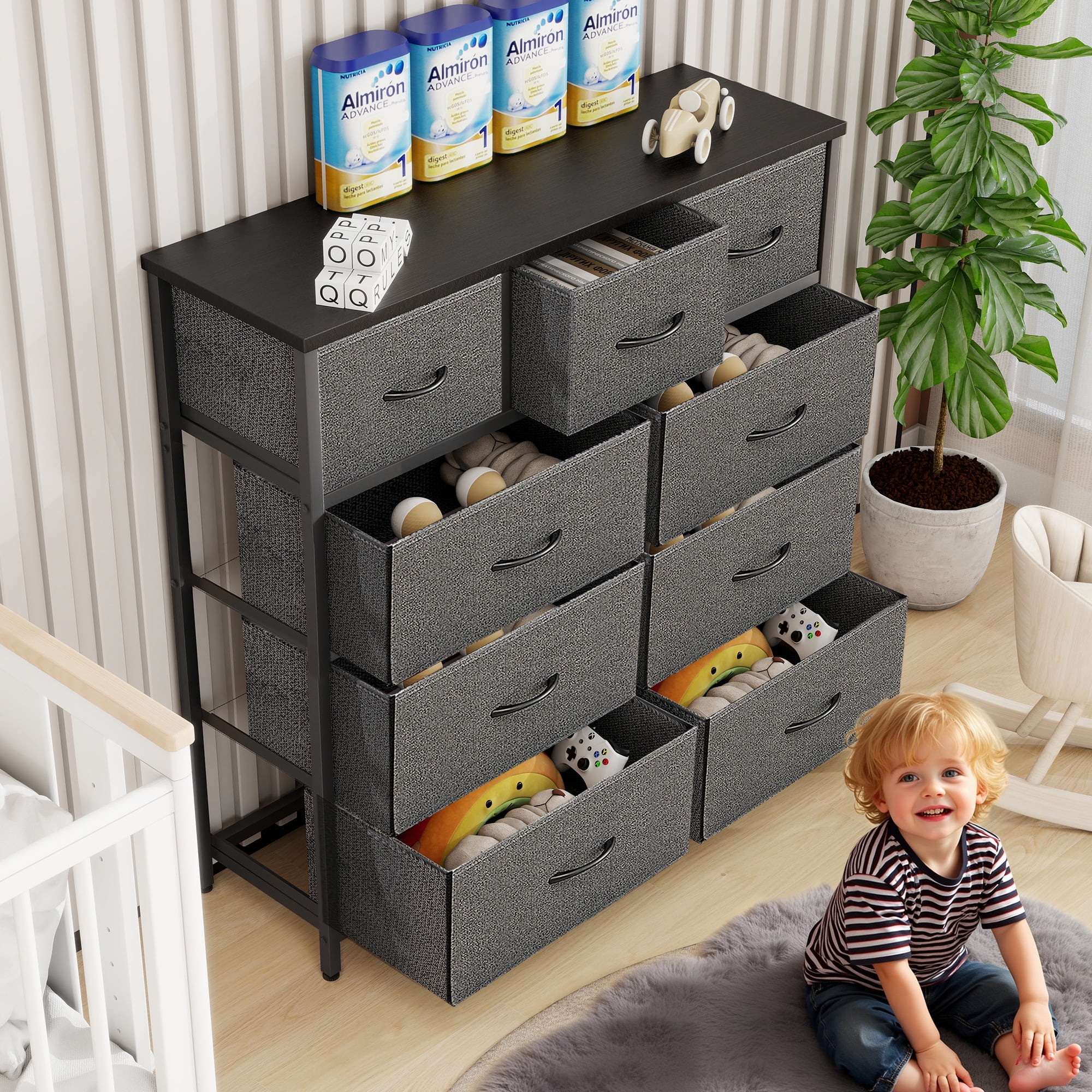 Nextay 9-Drawer Fabric Dresser for Bedroom, Storage Dresser Closet with Steel Frame & Wooden Top for Living Room, Dressing Room, Entryway, Gray