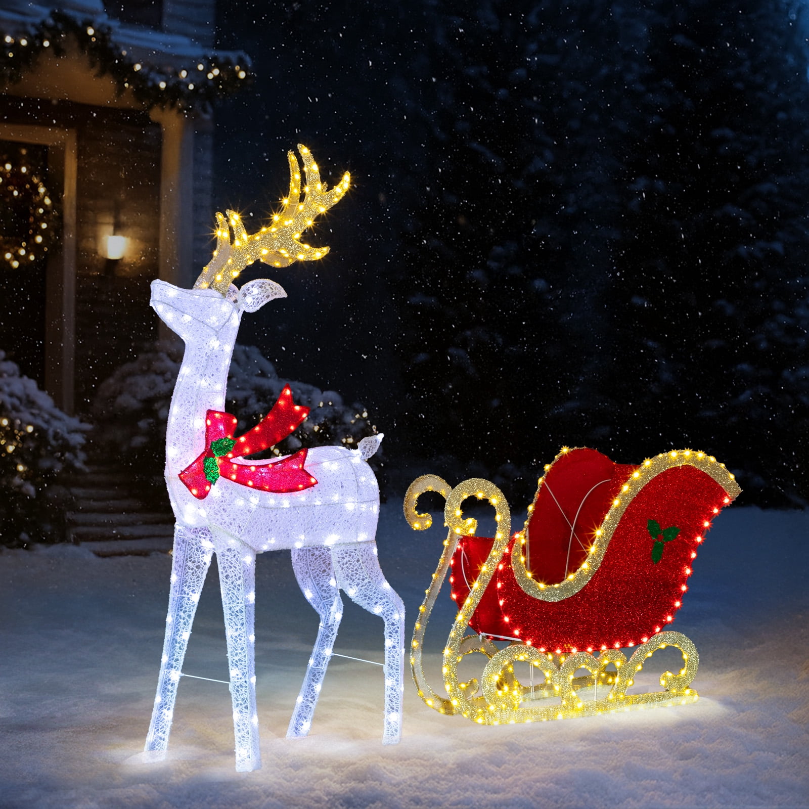 Astoutdoor Lighted Christmas Reindeer & Sleigh Outdoor Yard Decoration Set with LED Lights, Red & White