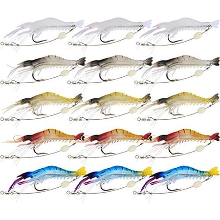 Zooblu Soft Shrimp Lures Fishing Saltwater Luminous Shrimp Bait Set Fishing Lures with Sharp Hooks for Freshwater Saltwater Trout Bass Salmon Crappie Walleye Pike Perch