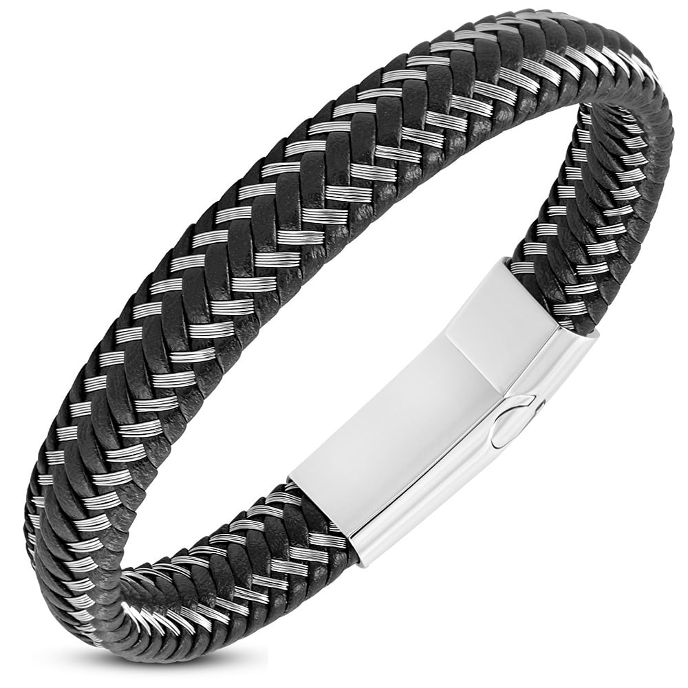 My Daily Styles Stainless Steel Black Leather Braided Wristband