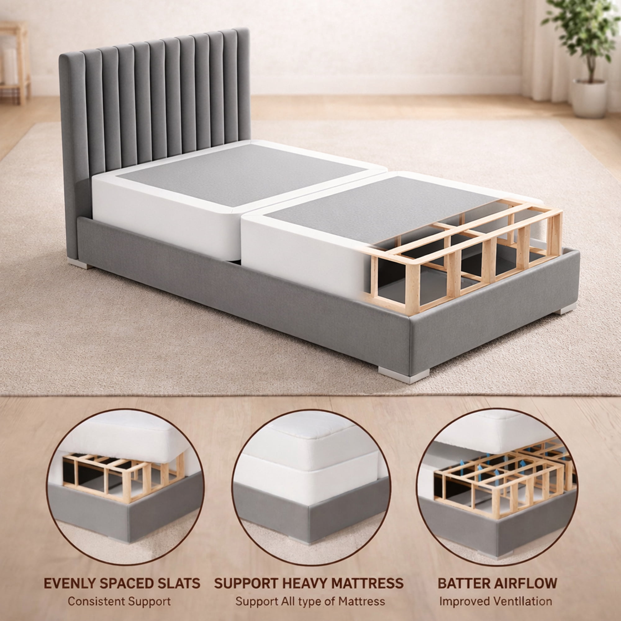 Continental Sleep, Box Spring Bed Base Twin Size, 8-Inch Wood Mattress Foundation, Quiet Noise Free, 2-Pieces Under Mattress Support BoxSpring, Fully Assembled, White