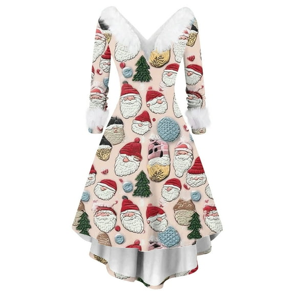 Christmas Dresses for Women Women's Fashion Elegant Autun And Winter Long Sleeve V-Neck Christmas Print Dress for Holiday Party,Beige,L