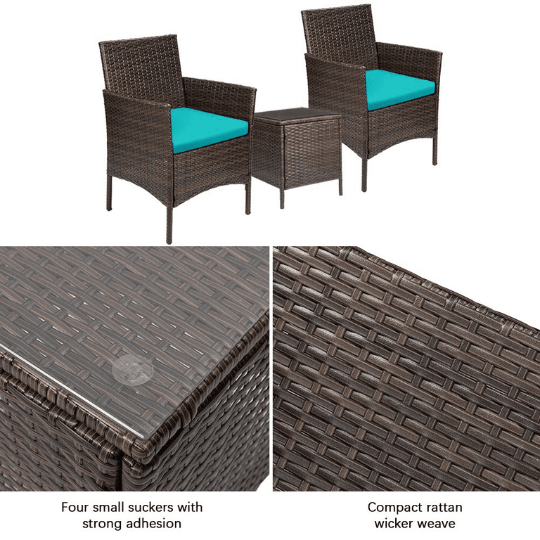 Lacoo 3 Pieces Outdoor Patio Furniture PE Rattan Wicker Table and Chairs Set Bar Set with Cushioned Tempered Glass Brown Blue