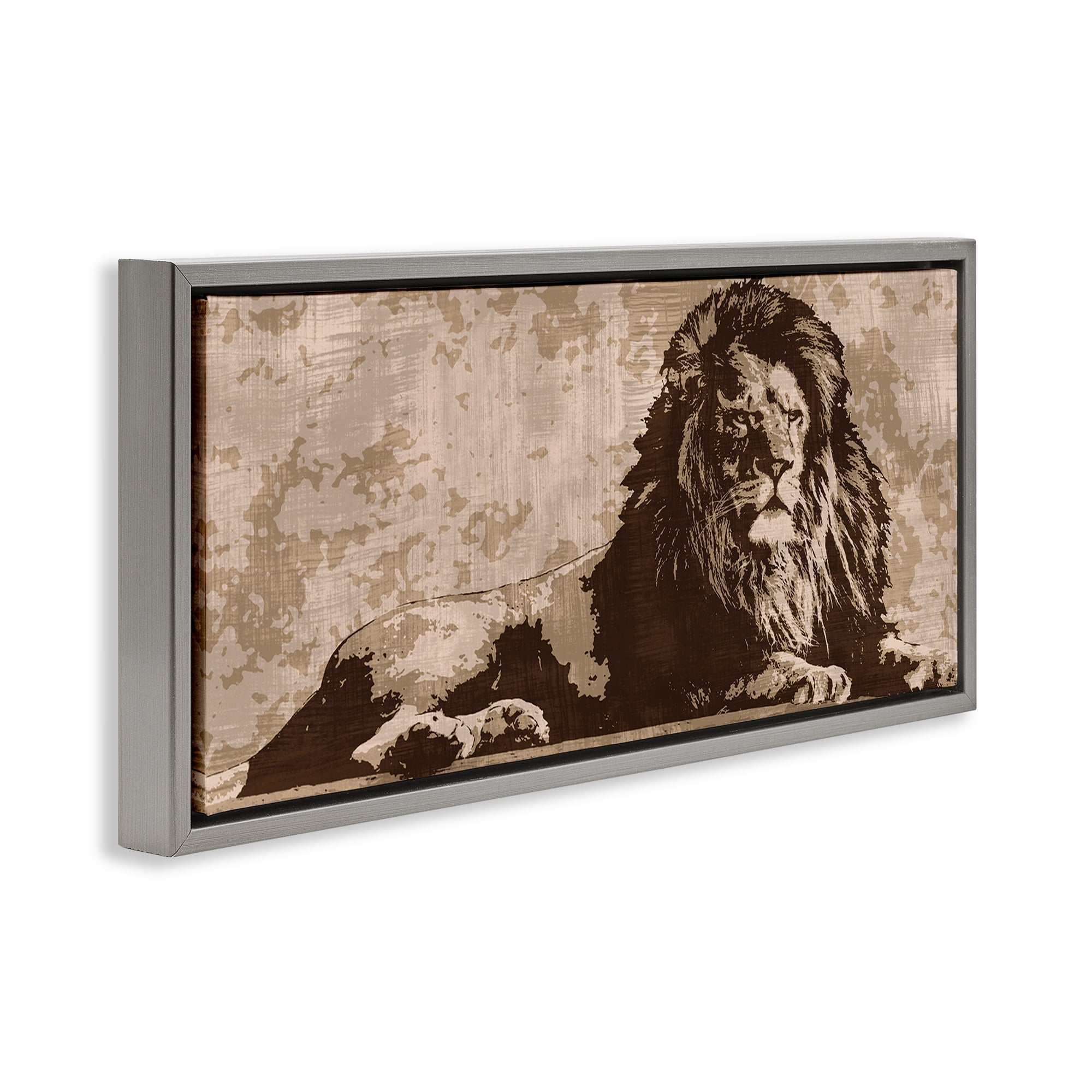 Stupell Industries Rustic Impression Lion Animals Painting Gray Floater Framed Canvas Art Print Wall Art, 31 x 14