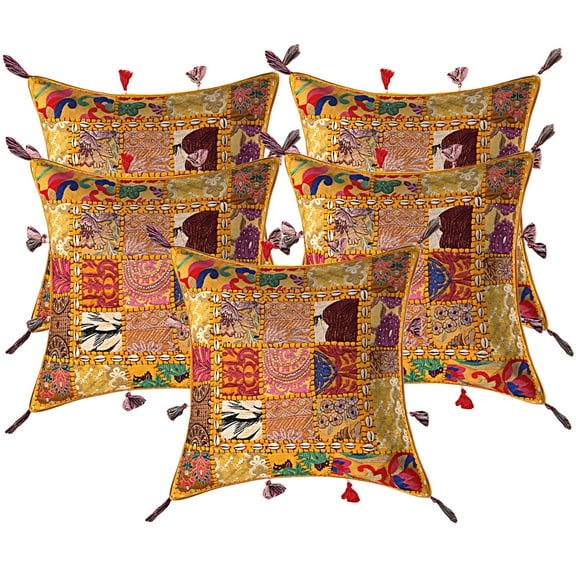 Stylo Culture Indian Decorative Throw Pillow Covers 17x17 Embroidered Patchwork Cowry Sea Shell Tassels Mango Yellow Bohemian 43cm x 43cm Lounge Decor Cotton Floral Square Cushion Covers | Set Of 5