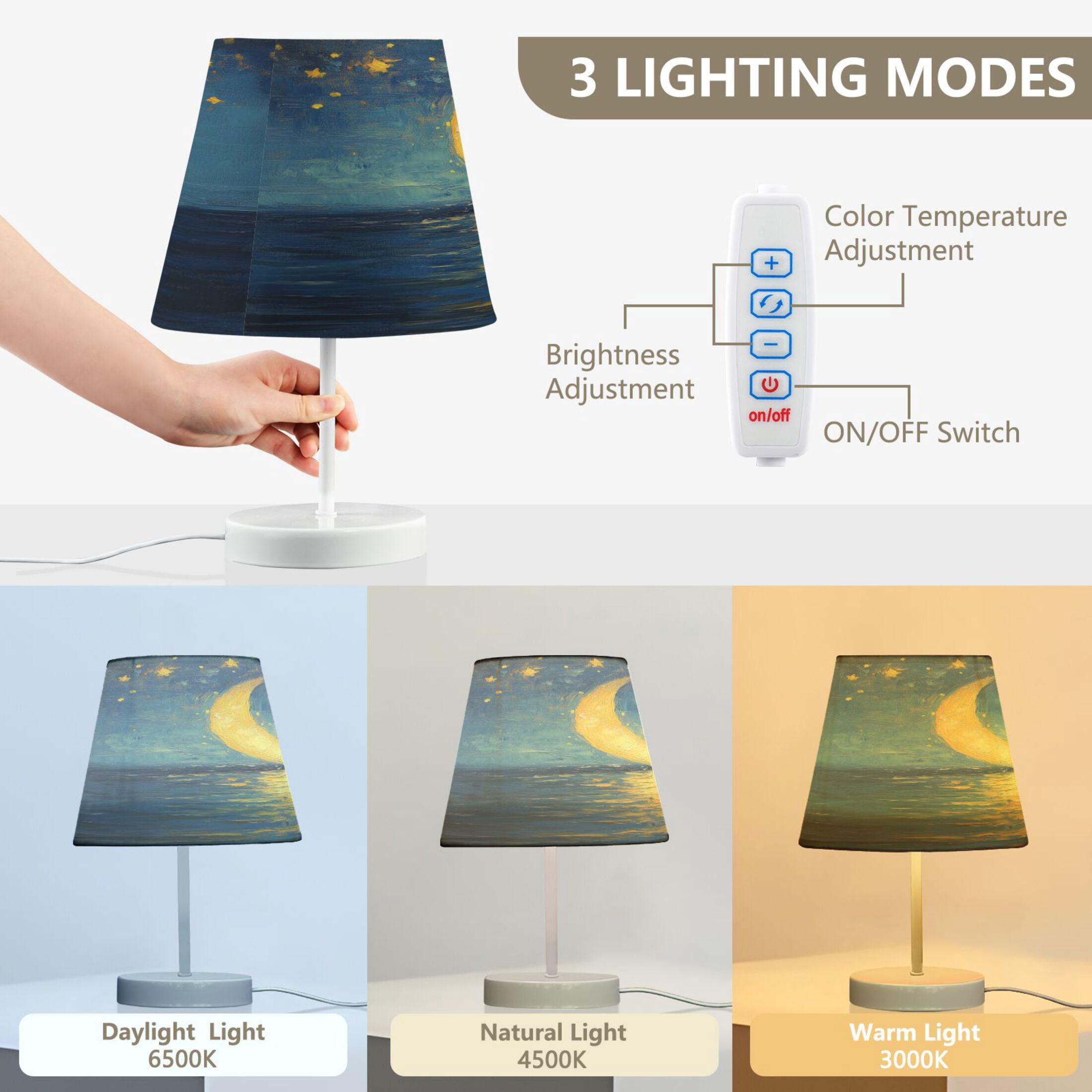 WOBOGO Moon Stars Oil Painting Pattern Table Lamps Bedroom 3-Speed Dimmable Farm Style with Fabric Shade for Reading and Home Office