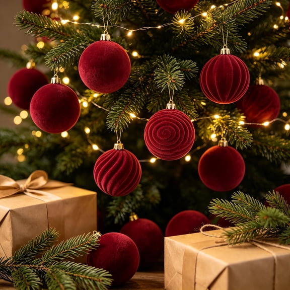 12-Pack Red Flocked Christmas Ornament Balls, 3 Patterns, Hanging Tree Decorations for Holiday Home Decor