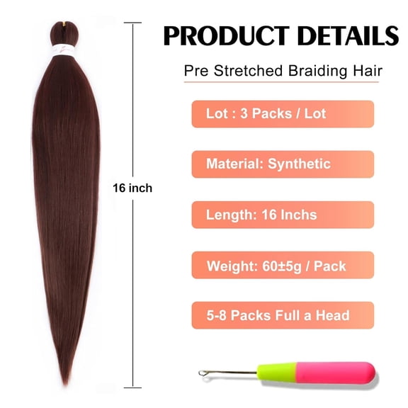 WEIF-Braiding Hair Pre Stretched 16 Inch 3 Packs, Dark Brown Pre stretched Braiding Hair for Professional Braiding Hair Extensions, Hot Water Setting Yaki Texture Synthetic Hair(33#)