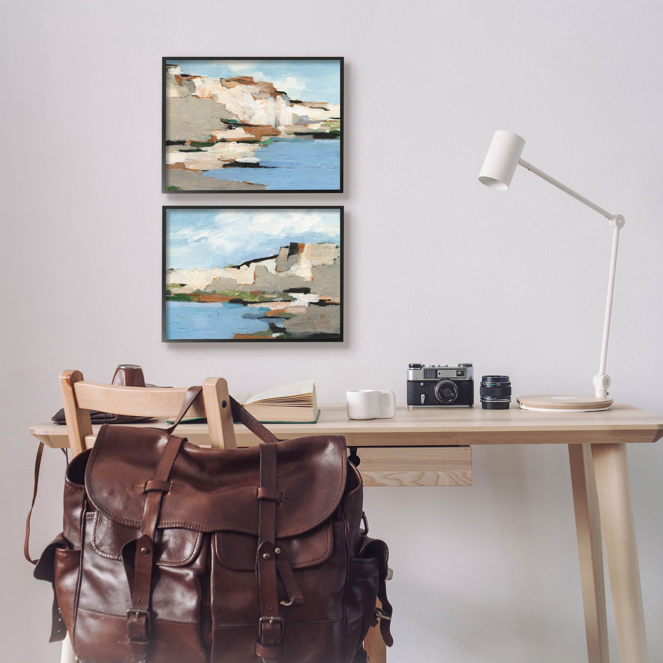 Seaside Cliff Modern Landscape Landscape Painting Black Framed Art Print Wall Art, Set of 2