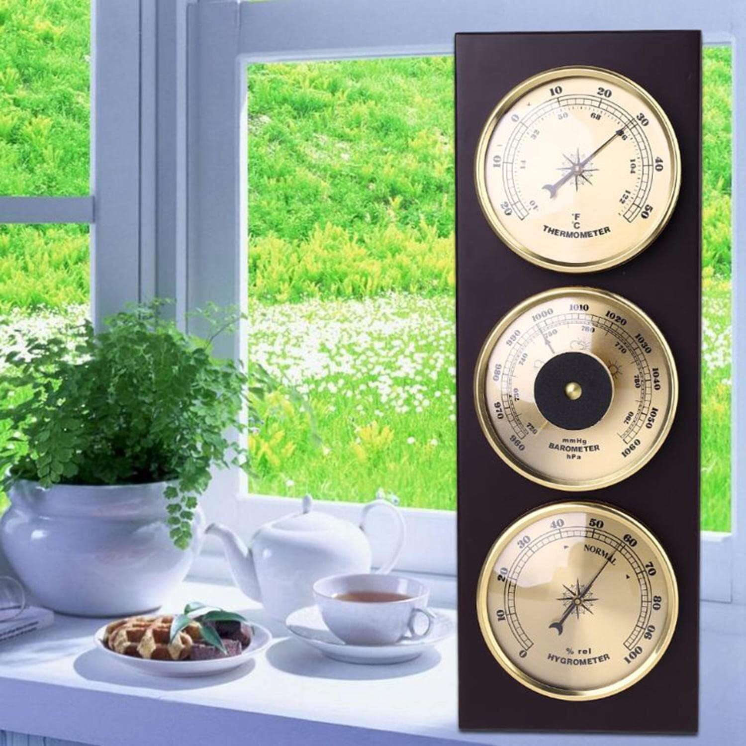 Analog Weather Station with Wooden Frame Base - Barometer, Thermometer, and Hygrometer - No Batteries Needed for Home Use
