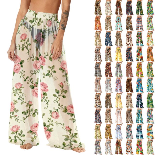 Pincandy Women See Through Sheer Mesh Pants Beach Swimsuit Bikini Bottom Cover up Party Club Elastic High Waist Wide Leg Pants