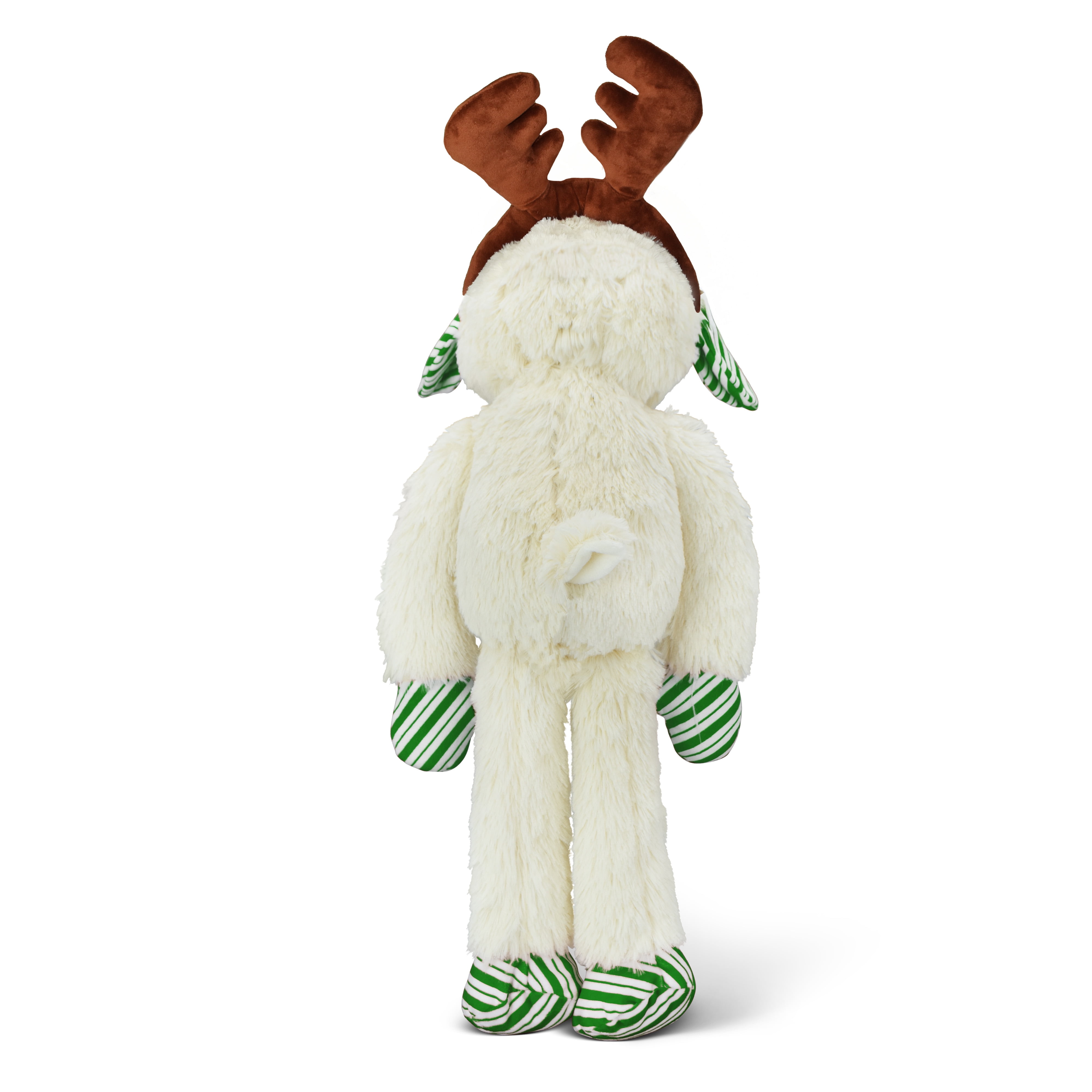 Multipet Plush Jumbo Holiday Lamb Chop Reindeer Dog Toy, Squeaker, Green and White Striped Paws with Reindeer Antlers, 19"