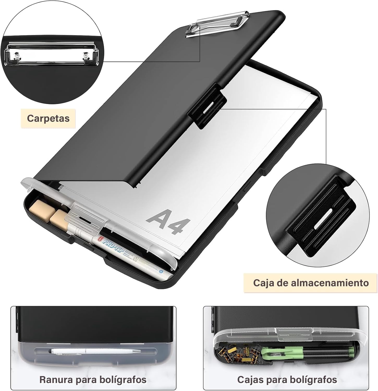 Plastic clipboard with storage, multi-function, side opening, ideal for nursing and office use (Black)
